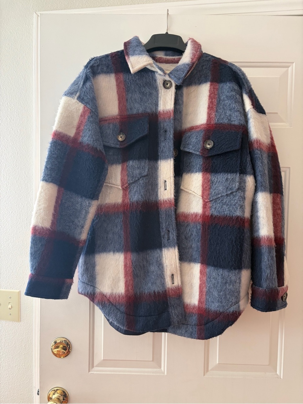 Marine Layer Women’s Plaid Jacket - Blue/Cream/Burgundy